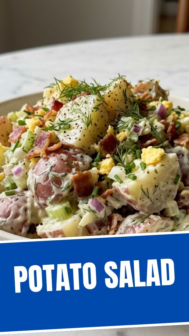 A bowl of creamy potato salad, garnished with fresh herbs.