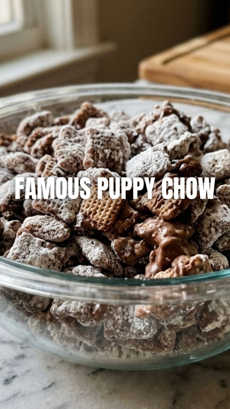 A bowl of delicious Puppy Chow, a popular snack mix made with Chex cereal, peanut butter, chocolate, and powdered sugar.