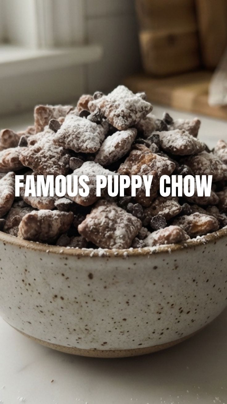 A close-up of a bowl filled with Puppy Chow, also known as Muddy Buddies, dusted generously with powdered sugar.