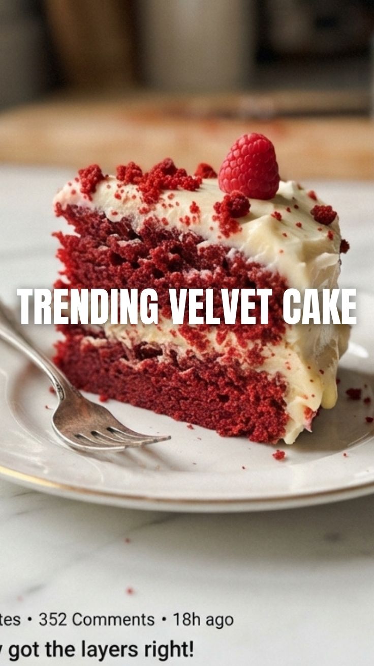 A vibrant red velvet cake with cream cheese frosting on a white plate.
