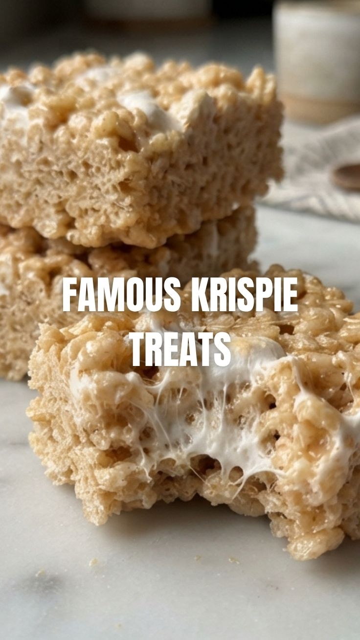 A close-up of freshly made Rice Krispie Treats, showcasing their chewy texture.