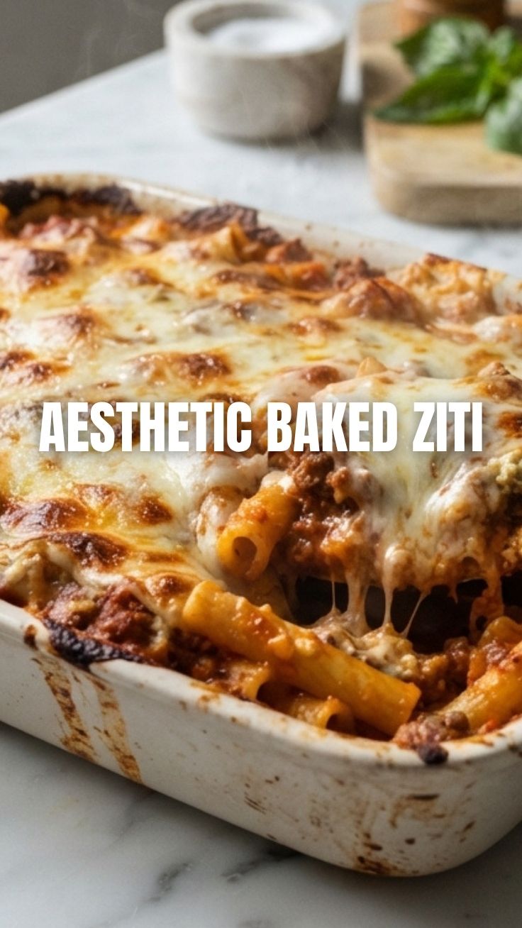 A hot dish of baked ziti with melted cheese and rich sauce