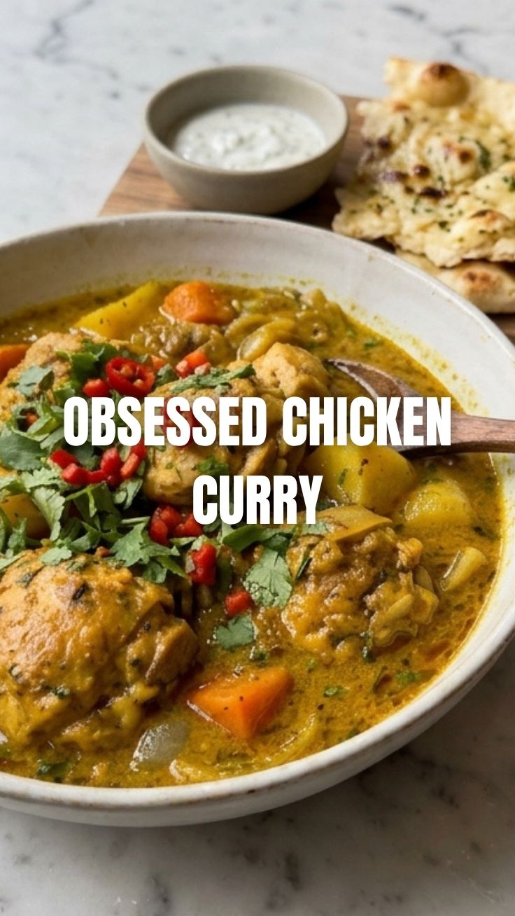 A bowl of rich, savory chicken curry with tender chicken pieces.