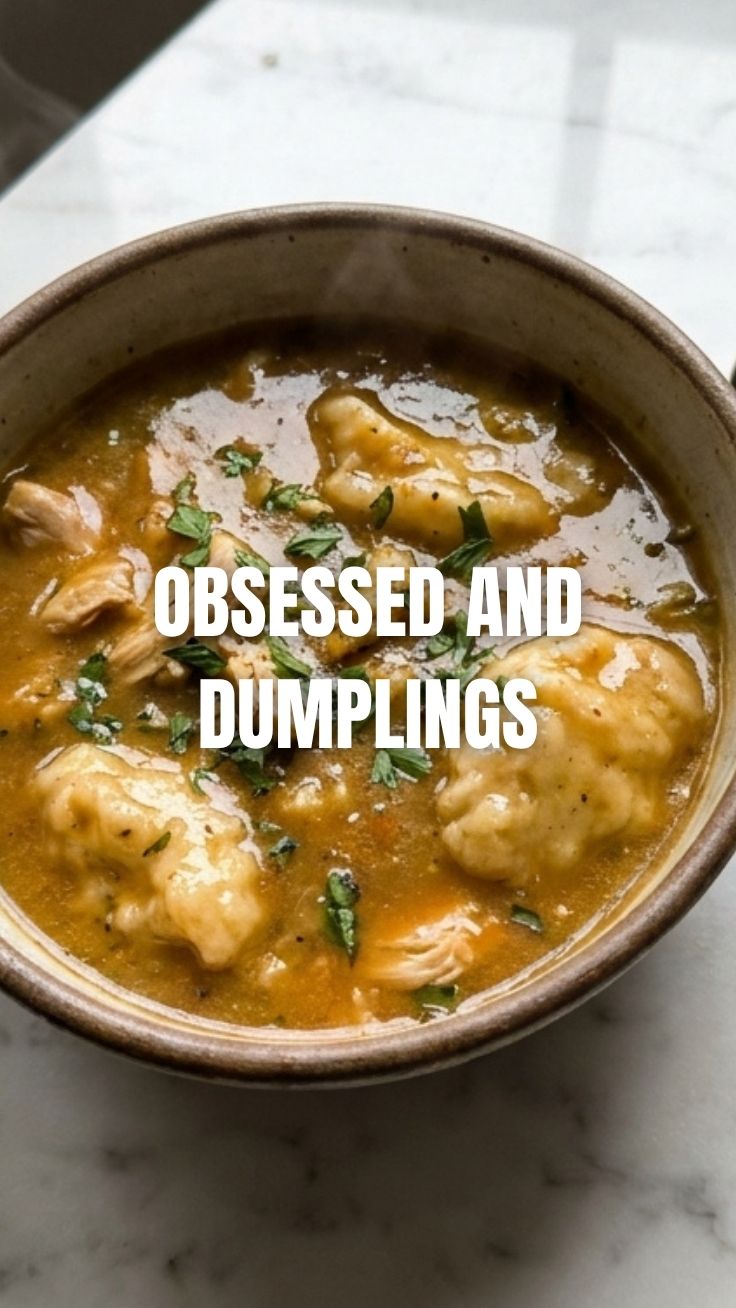 A steaming bowl of homemade chicken and dumplings with tender chicken and soft dough.