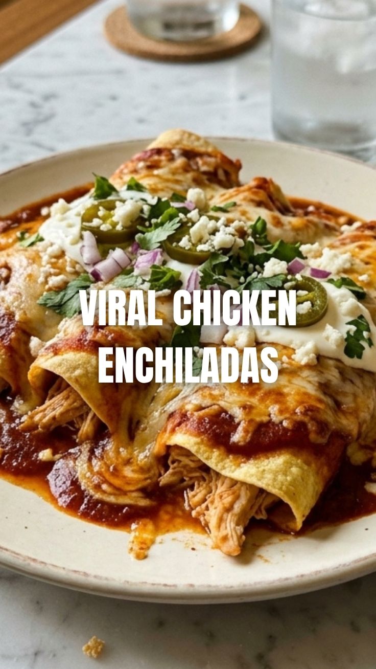 Delicious chicken enchiladas topped with melted cheese and sauce