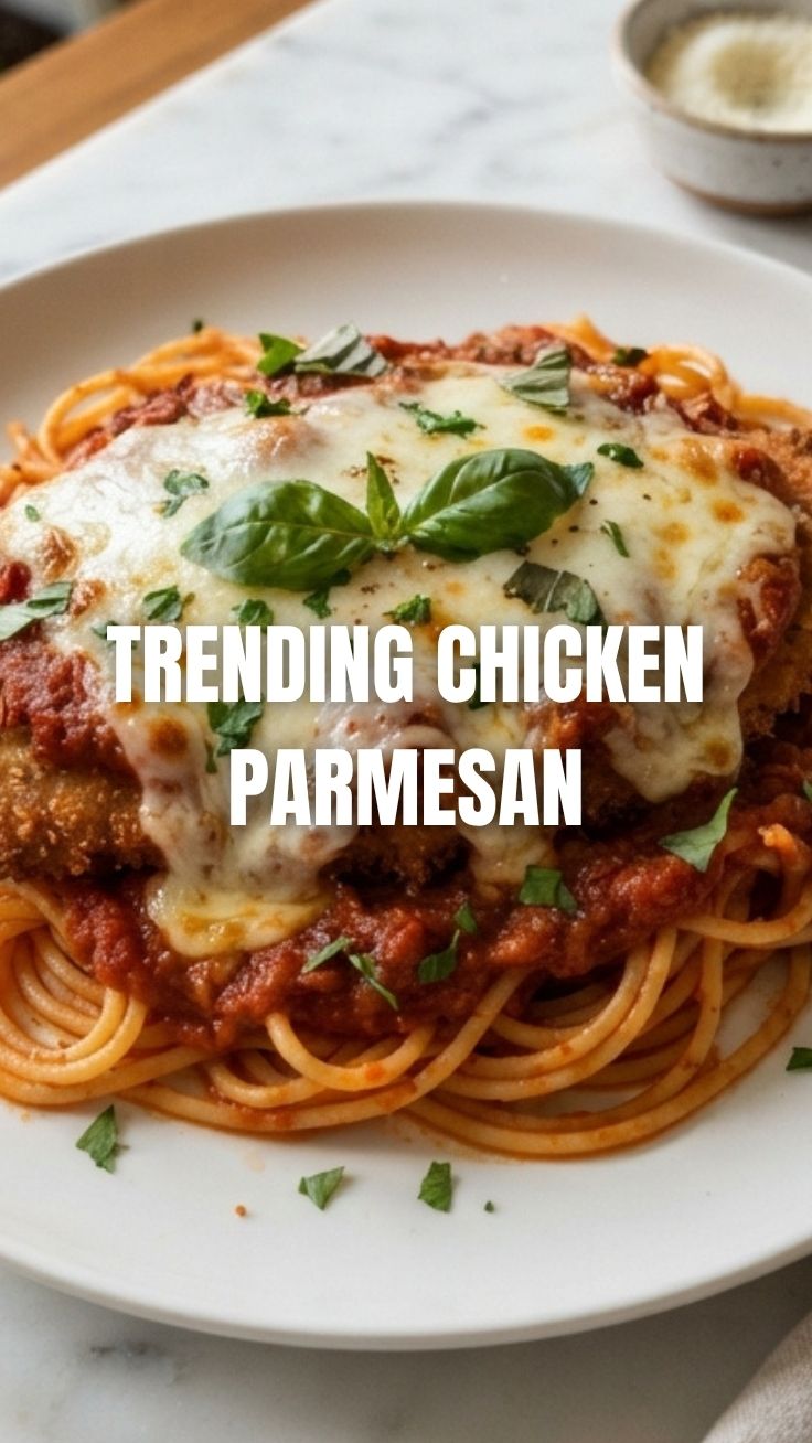 A serving of savory chicken parmesan with melted cheese and red sauce.