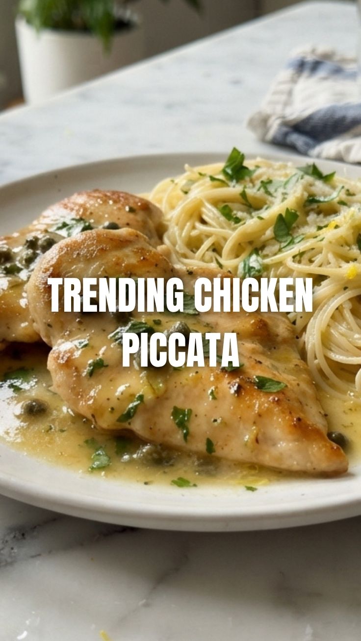 A plate featuring savory chicken piccata with a caper lemon sauce and parsley garnish.