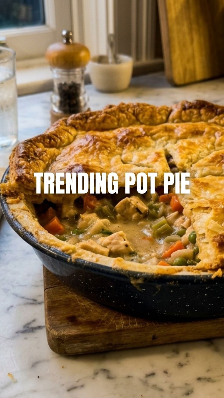A golden-crusted chicken pot pie fresh from the oven, with steam rising.