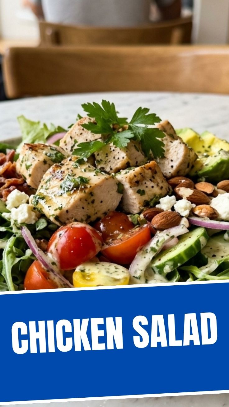A bowl of savory chicken salad with fresh ingredients
