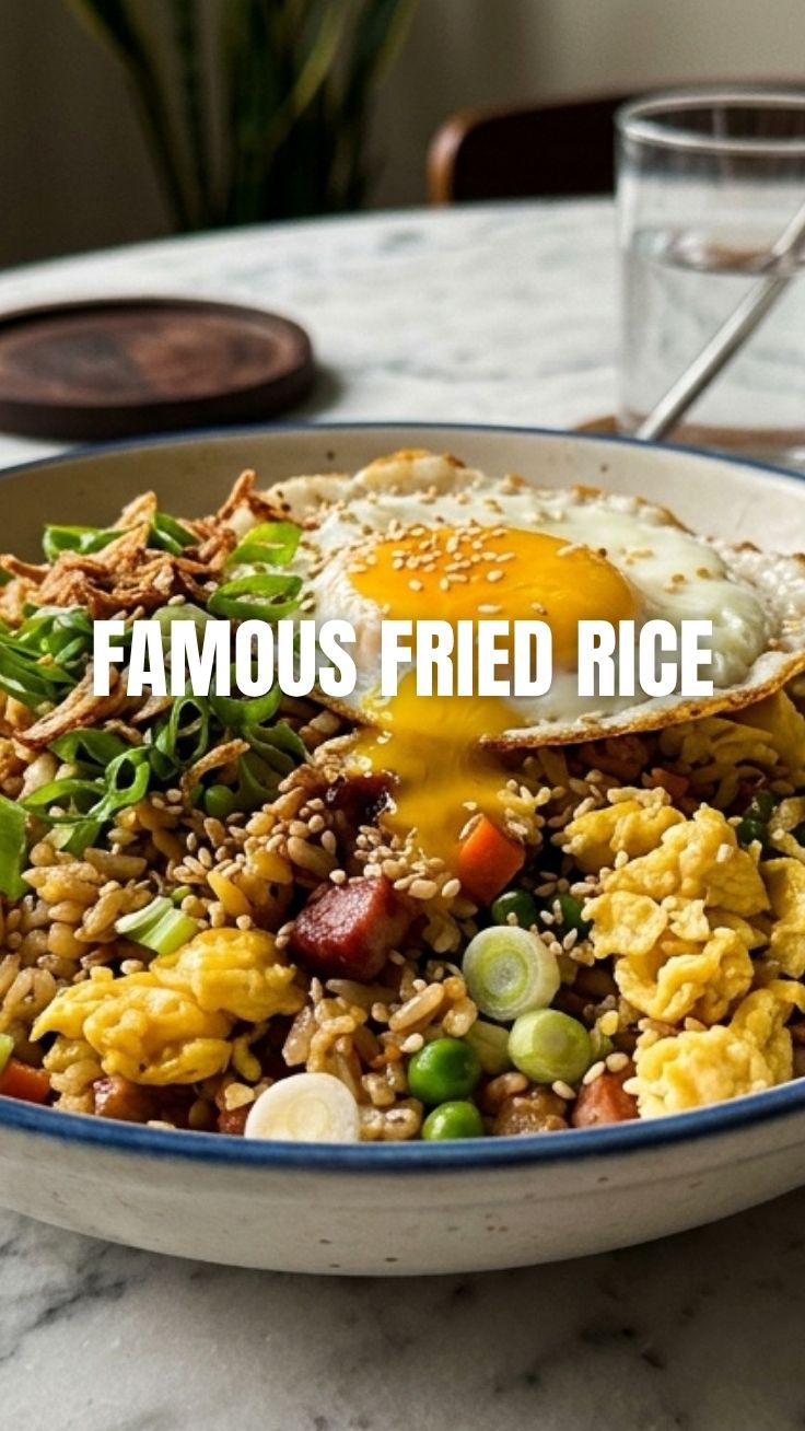 A close-up of a plate of freshly cooked Egg Fried Rice with visible egg pieces and rice grains.