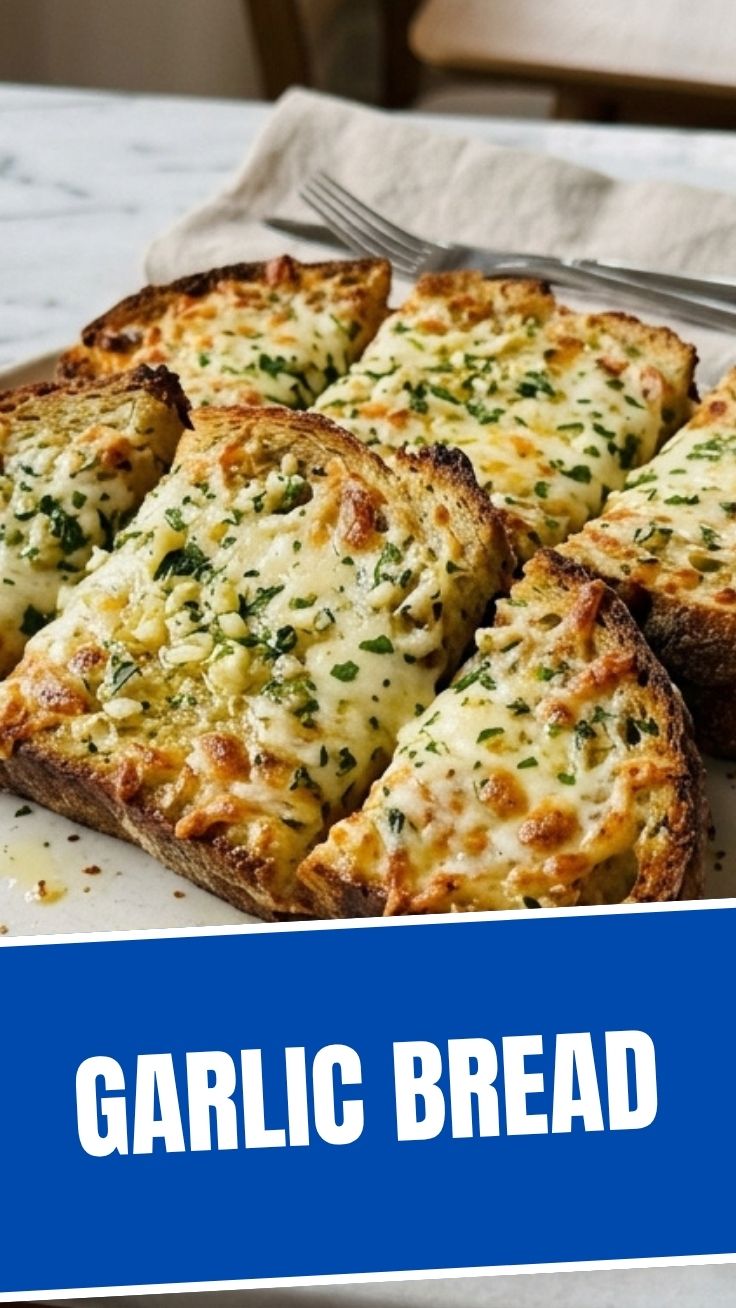 Freshly baked garlic bread, golden brown and garnished with herbs.