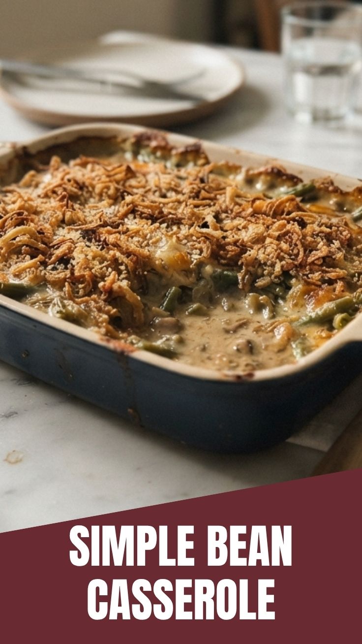 A savory green bean casserole with crispy fried onions on top.