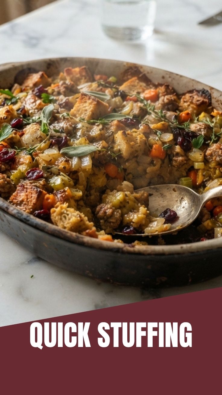 A close-up of savory homemade stuffing, rich with herbs and bread.