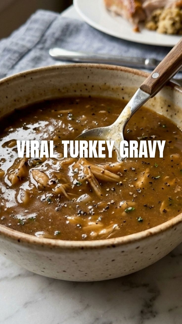 A bowl of savory, rich turkey gravy, perfect for Thanksgiving dinner.