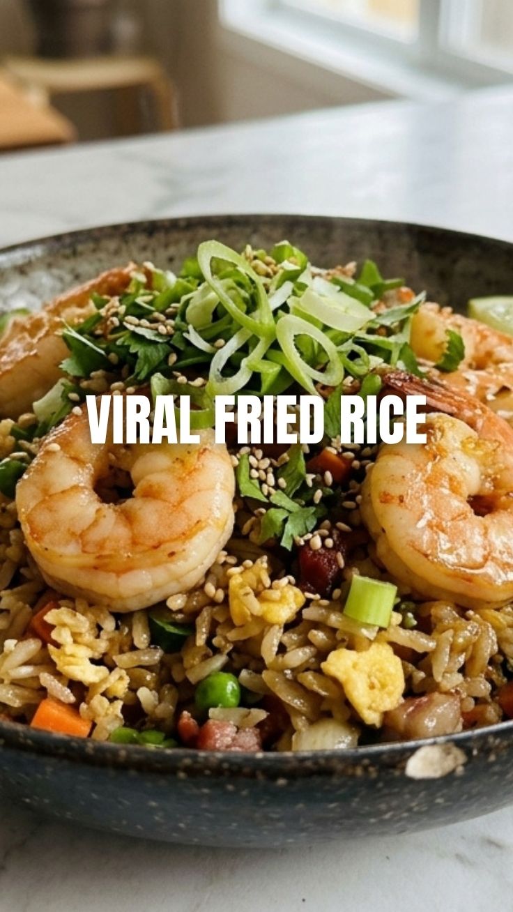 A steaming bowl of shrimp fried rice with perfectly cooked shrimp and vibrant vegetables