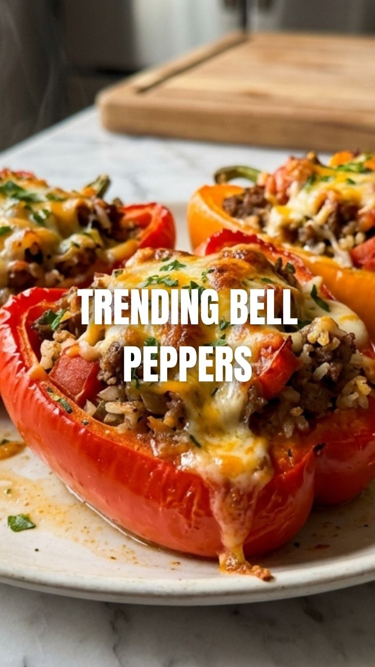 Four colorful stuffed bell peppers arranged on a white serving dish.