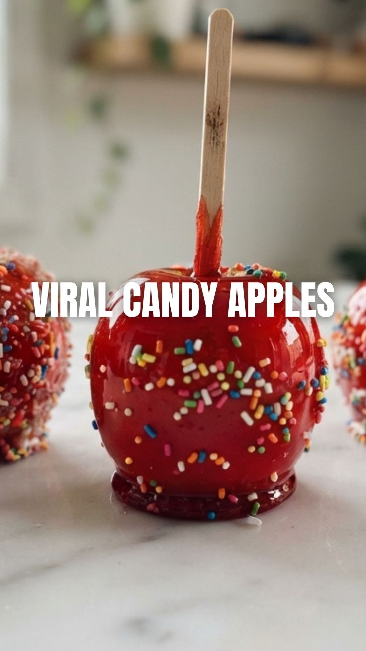 Shiny red candy apples on sticks, ready for a festival.