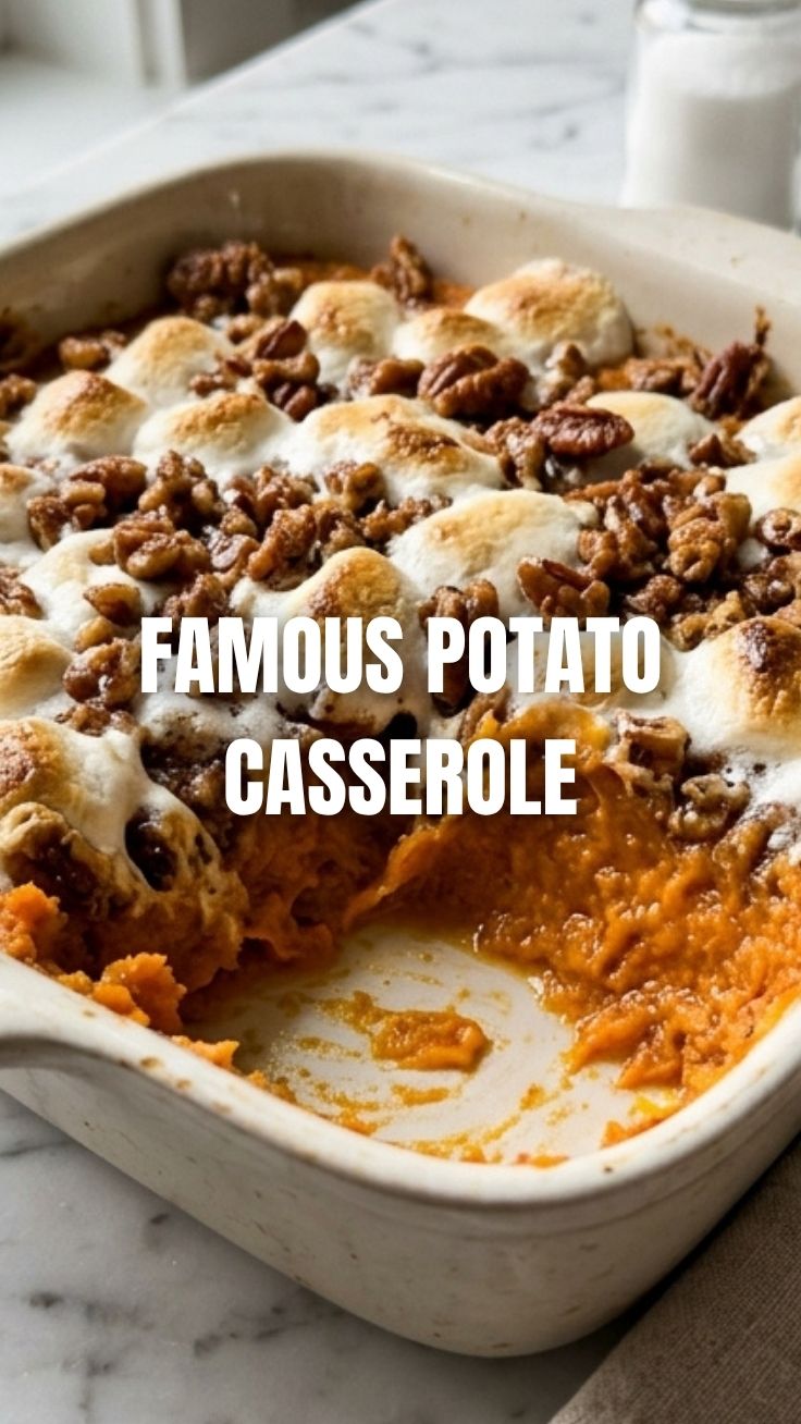 A delicious sweet potato casserole topped with toasted marshmallows, ready to serve