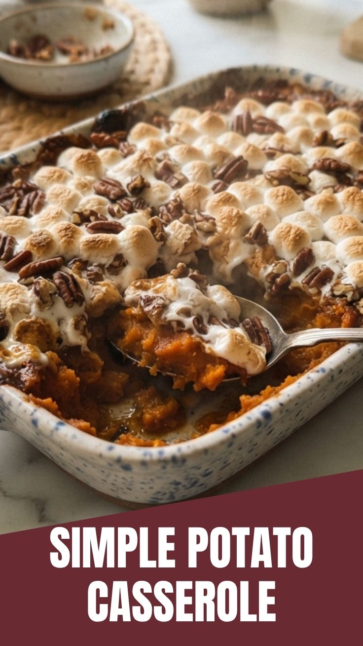 A freshly baked sweet potato casserole with a golden-brown pecan topping