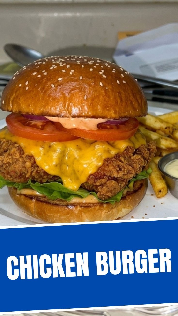 A delicious chicken burger with fresh toppings.