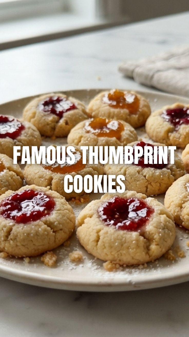 A platter of colorful thumbprint cookies with various jam fillings