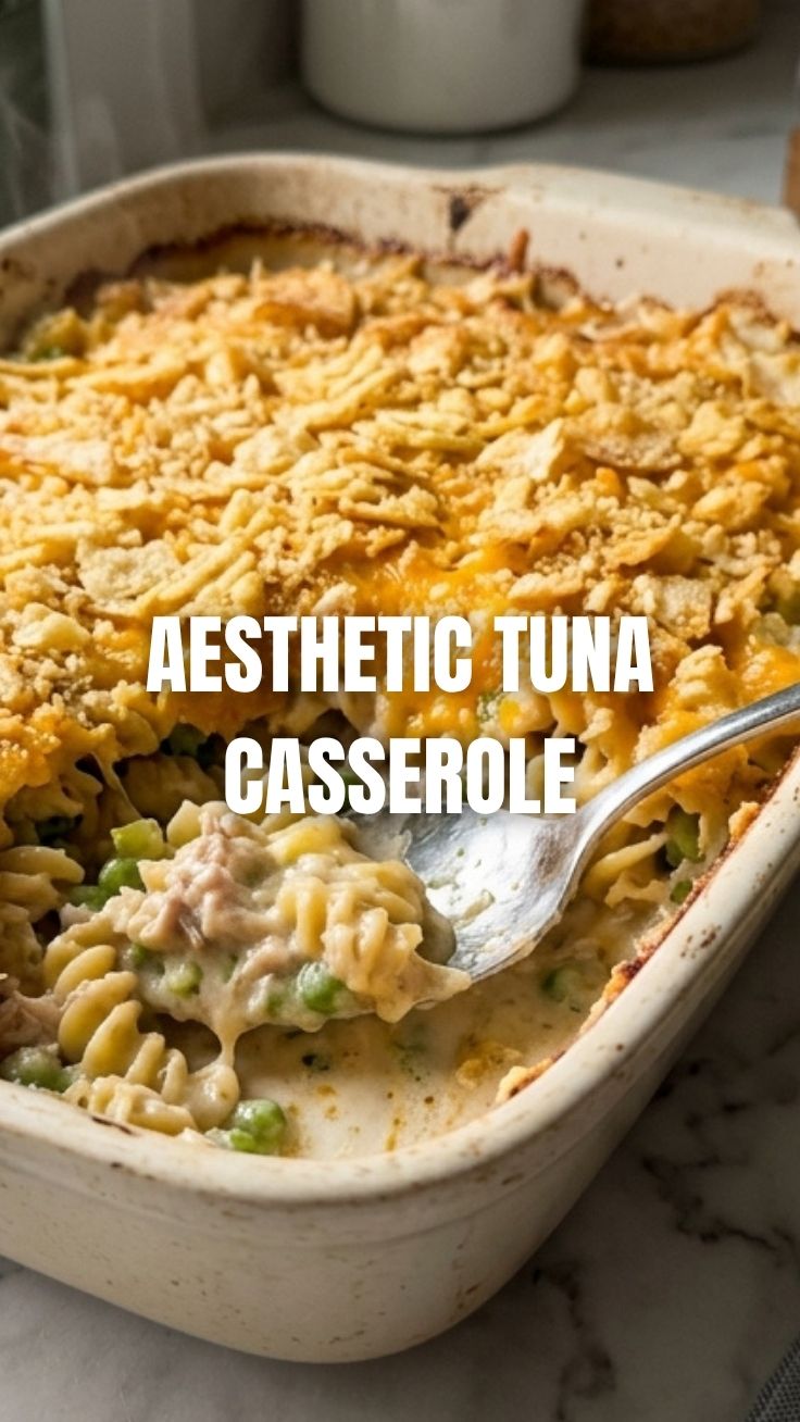 A freshly baked tuna casserole with a golden brown topping, ready to serve.