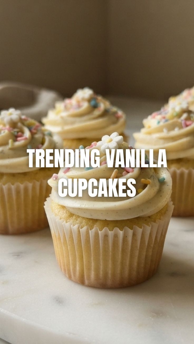 A trio of vanilla cupcakes with creamy white frosting and sprinkles