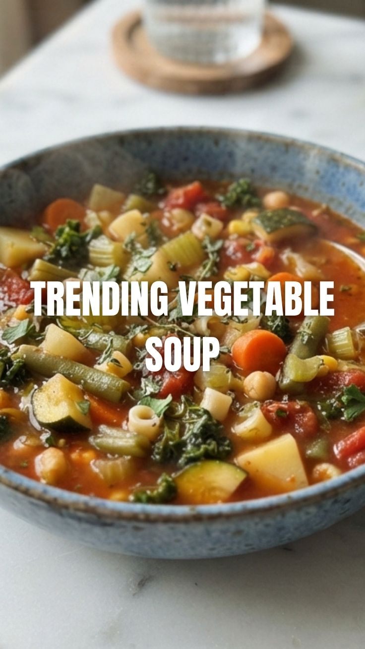 A steaming bowl of hearty vegetable soup, garnished with fresh herbs.