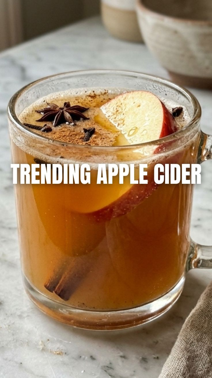 A steaming mug of golden apple cider, perfect for a crisp day.