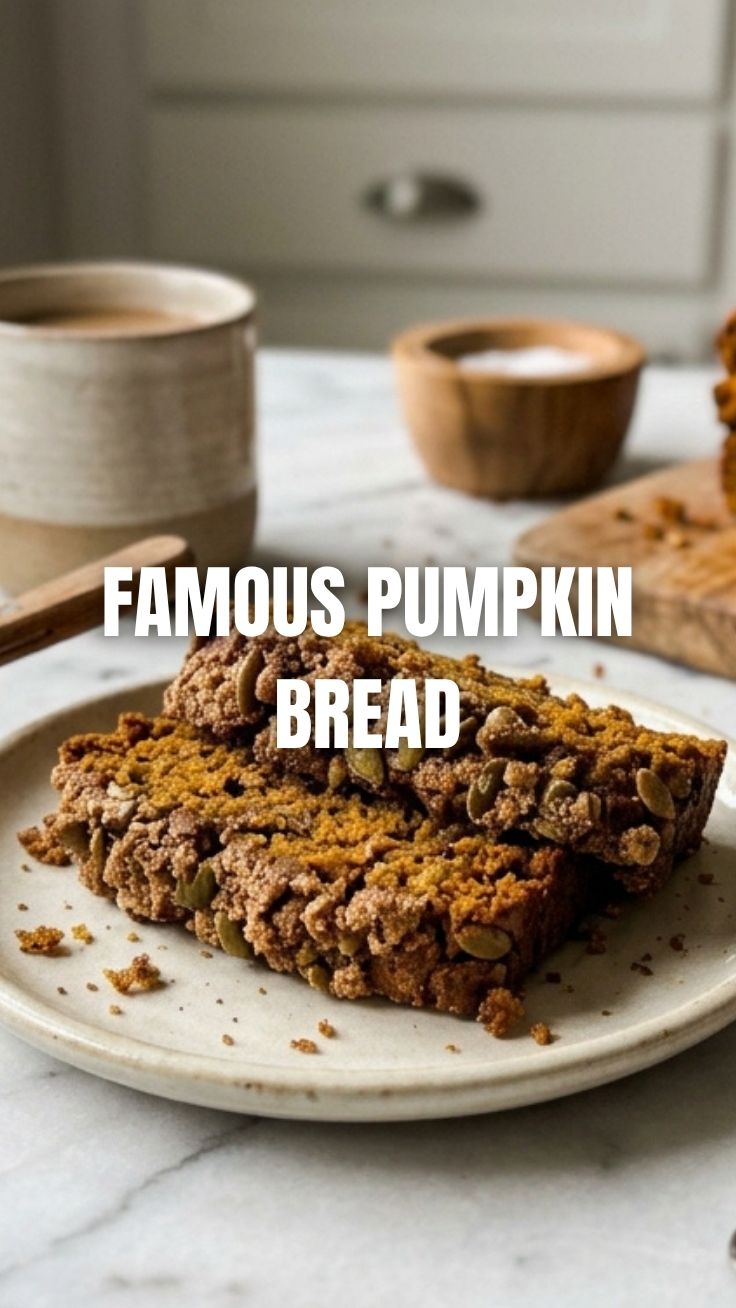 A freshly baked loaf of warm pumpkin bread, golden brown and enticing.