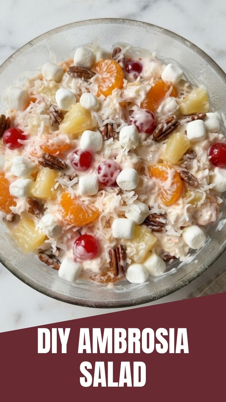 A vibrant Ambrosia salad in a clear glass bowl, showcasing its colorful ingredients.