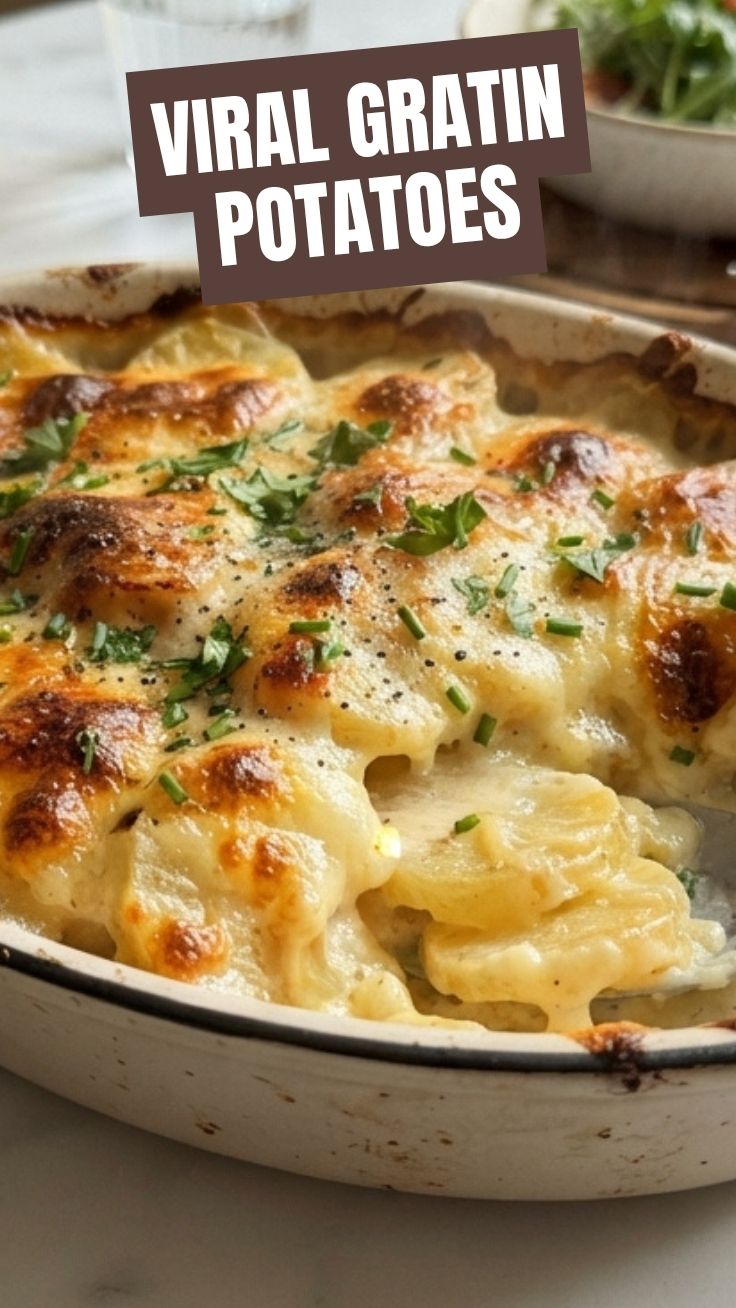 A baking dish filled with creamy, golden-brown au gratin potatoes.