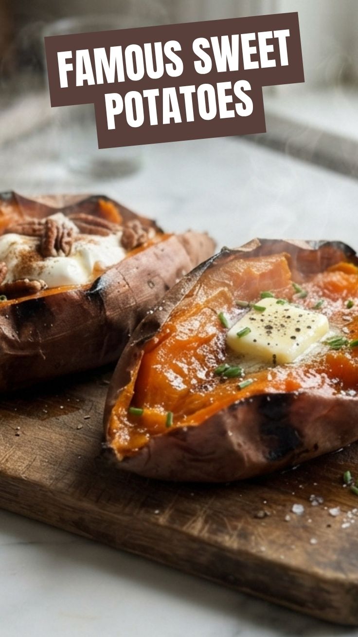 Perfectly baked sweet potatoes with a slightly crispy skin and tender flesh.