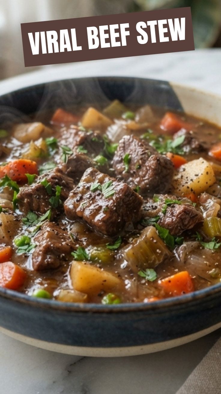 A steaming bowl of hearty beef stew with vegetables