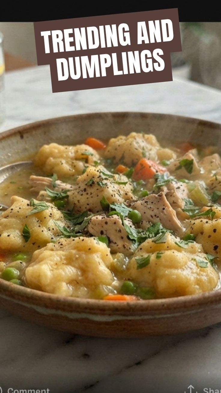 A warm bowl of chicken and dumplings with fluffy white dumplings.