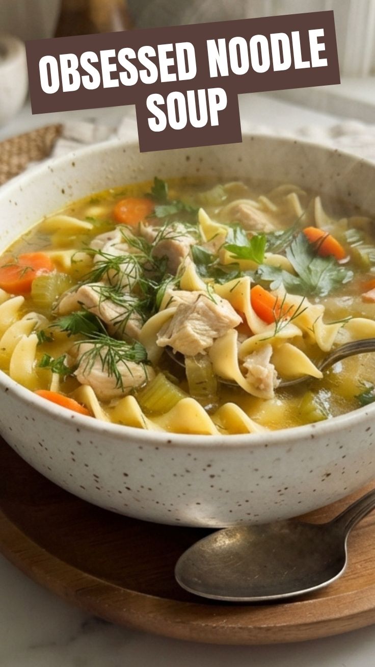 A steaming bowl of chicken noodle soup with fresh herbs.
