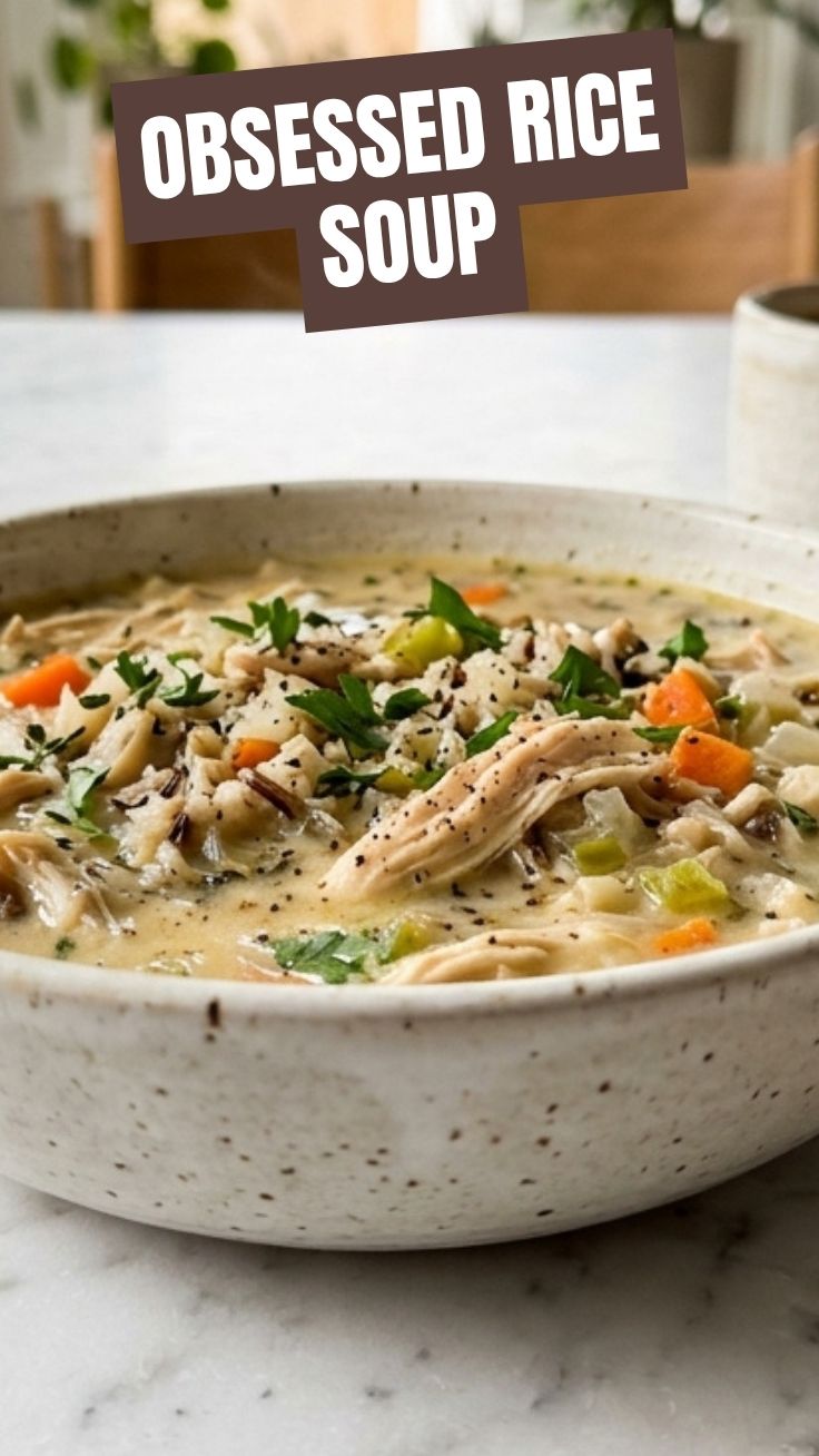 A steaming bowl of chicken wild rice soup with visible chicken chunks and wild rice.
