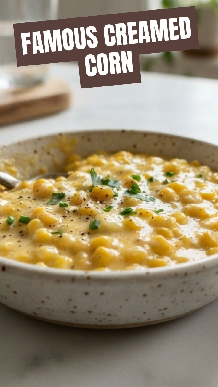 A serving of delicious creamed corn in a white bowl