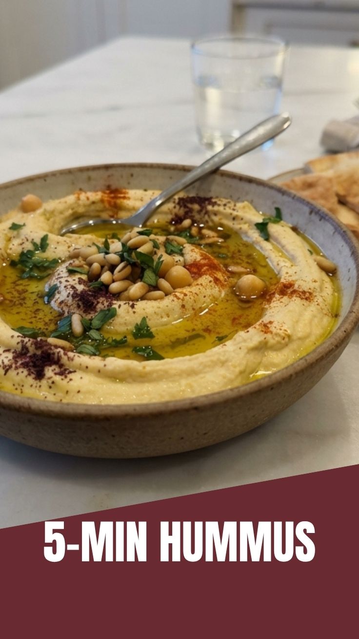 A smooth, creamy hummus dip in a bowl, garnished with olive oil and paprika.