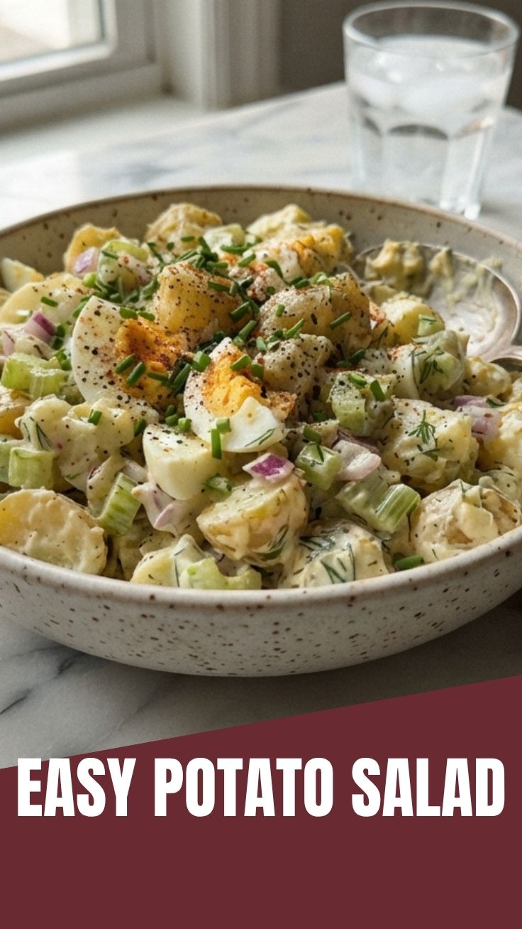 A bowl of creamy potato salad with herbs