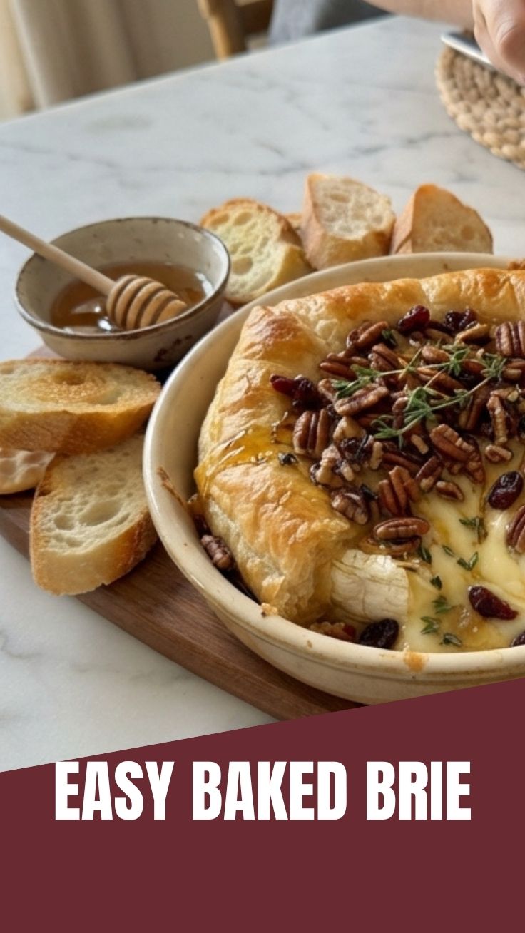 A gooey baked brie wheel, golden brown and melted to perfection