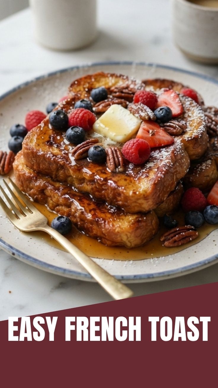 A stack of delicious French toast with syrup and berries.
