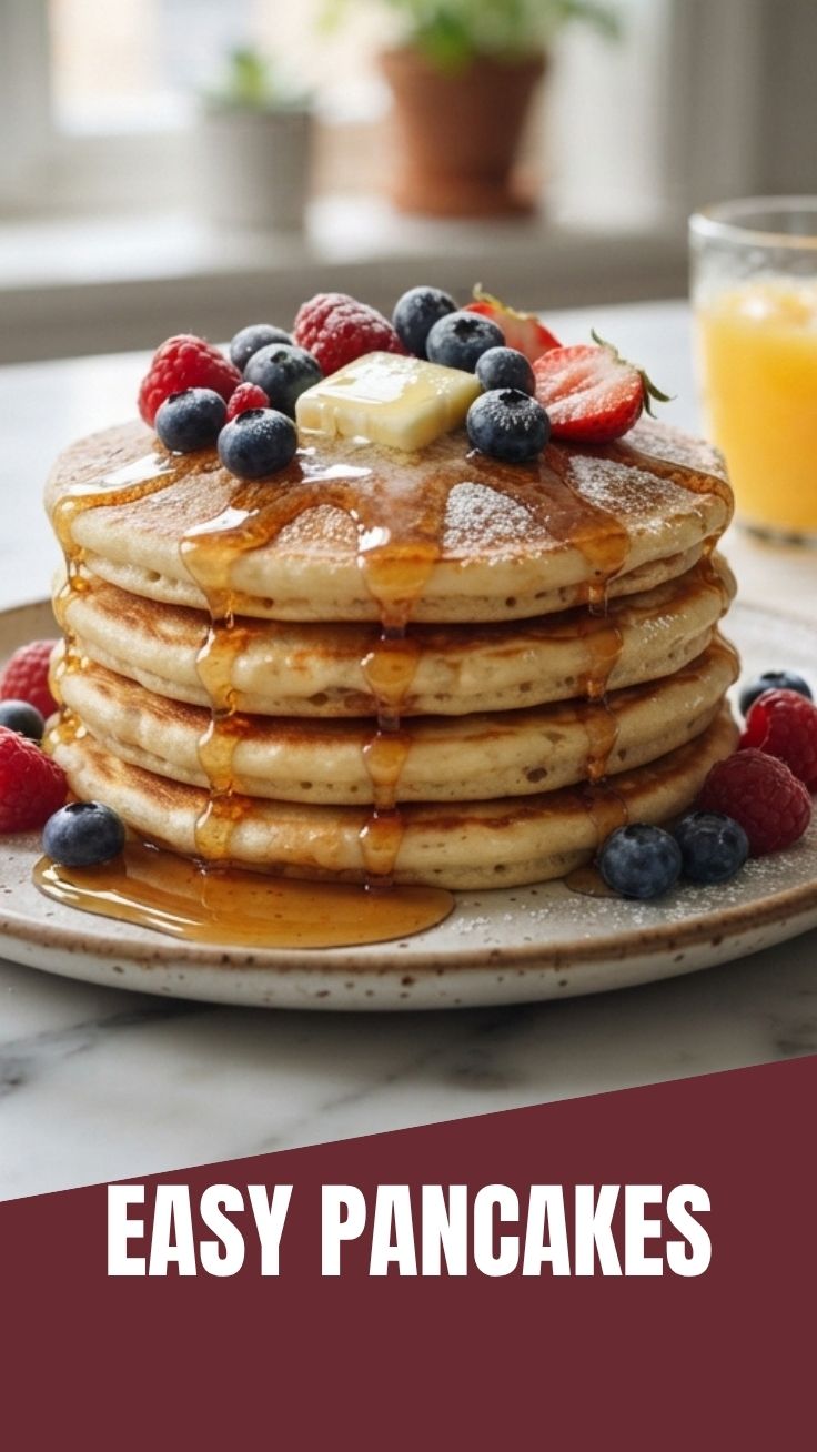 A stack of fluffy pancakes with syrup and berries on top.