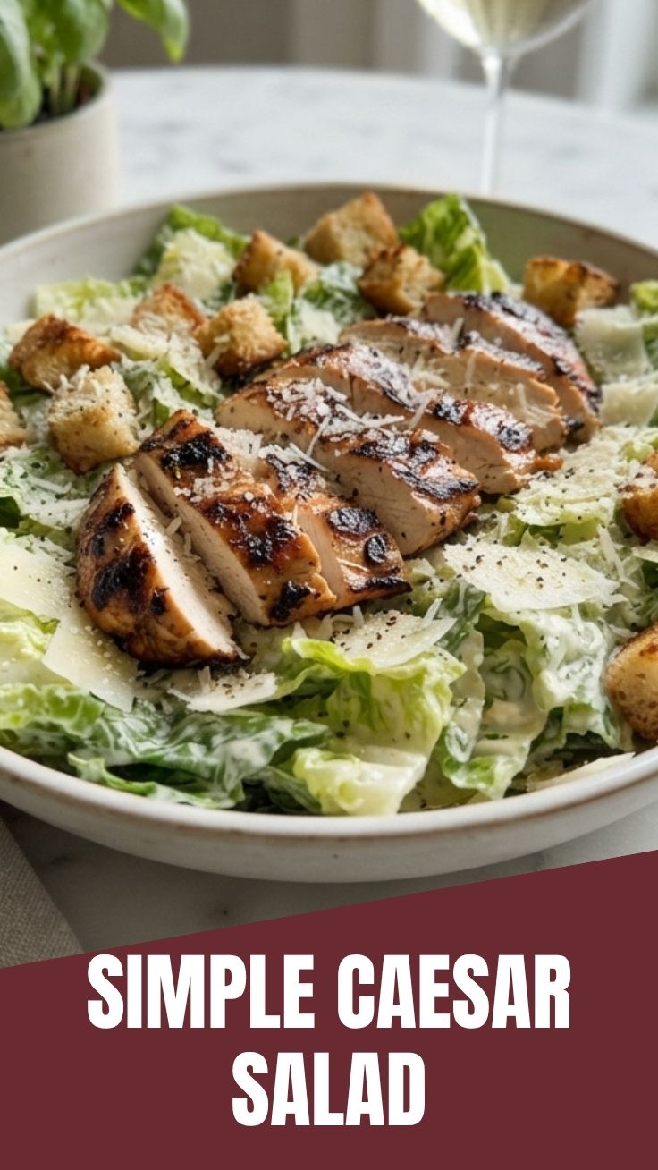 A vibrant chicken Caesar salad with grilled chicken, romaine lettuce, croutons, and Parmesan cheese