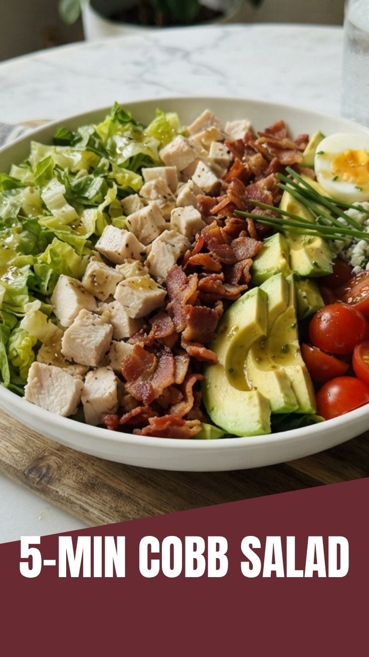 A vibrant Cobb salad with fresh greens, chicken, bacon, egg, avocado, and blue cheese.