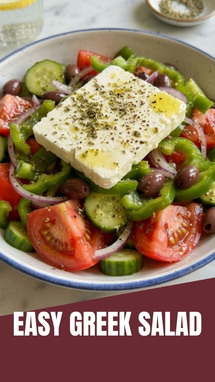 A vibrant Greek salad with fresh vegetables and feta cheese.