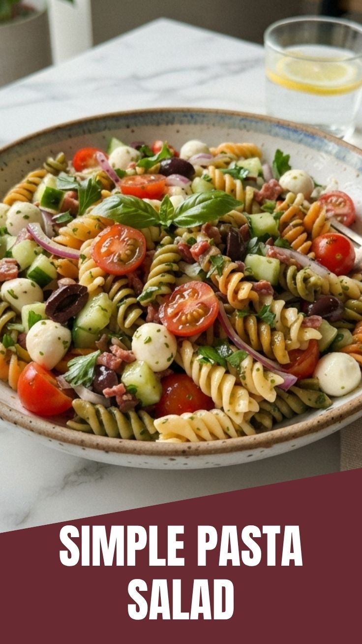 A vibrant pasta salad with colorful vegetables in a large bowl