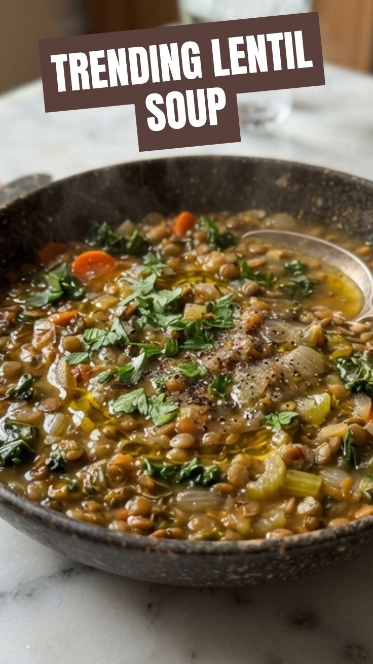 A steaming bowl of hearty lentil soup garnished with fresh herbs.