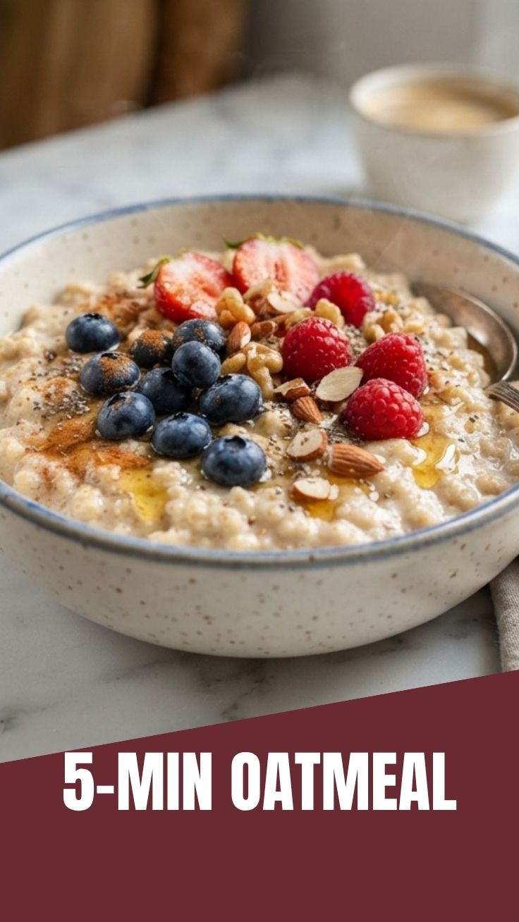 A steaming bowl of oatmeal topped with berries and nuts.