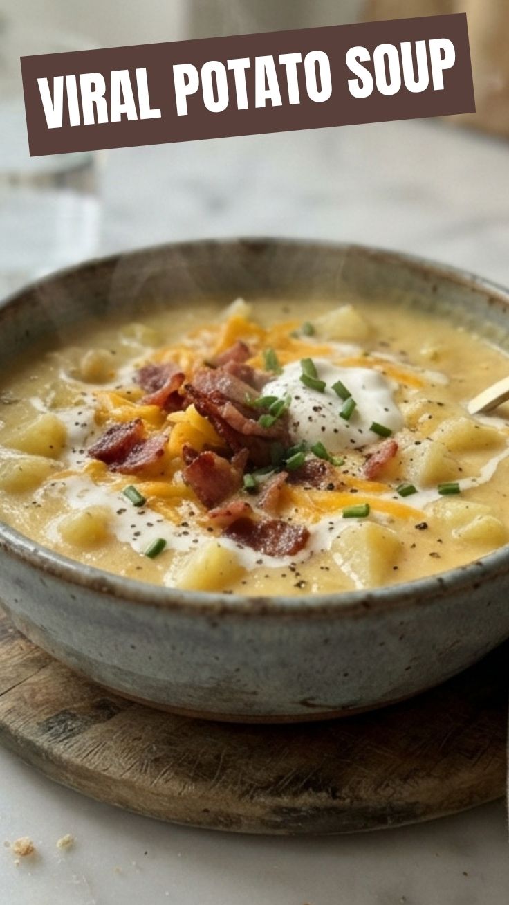 A steaming bowl of hearty potato soup, garnished with chives.